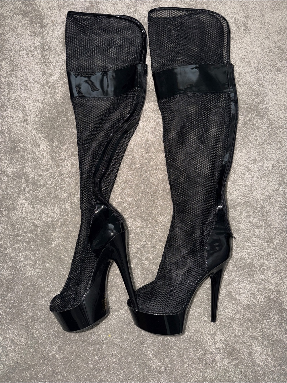 Ellie Black Mesh & Patent Peep-Toe Thigh-High Stiletto Boots